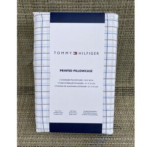Tommy Hilfiger White Blue Plaid Printed Cotton Blend STANDARD Pillowcase Set 2pc